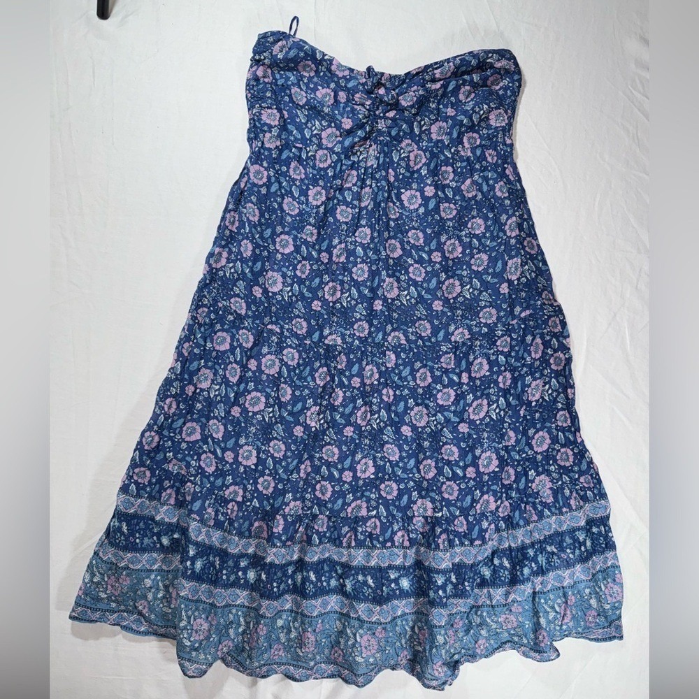 J.Crew Vintage Womens Midi Dress Boho Blue Floral Print Strapless Size M Cotton
